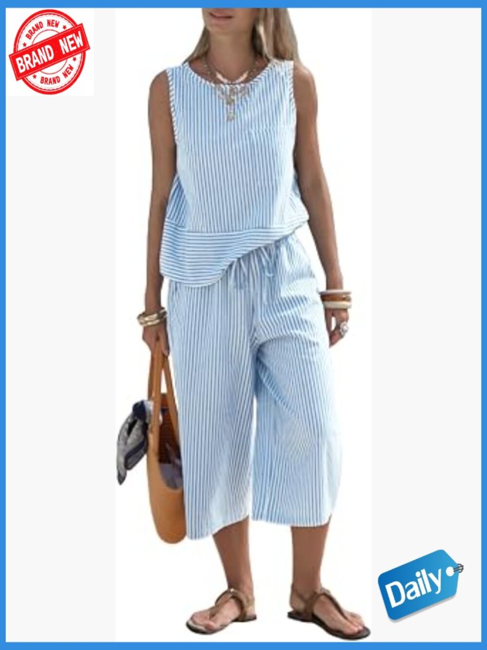 Womens 2 Piece Outfits Striped Tank Top Capri Wide Leg Pants Set